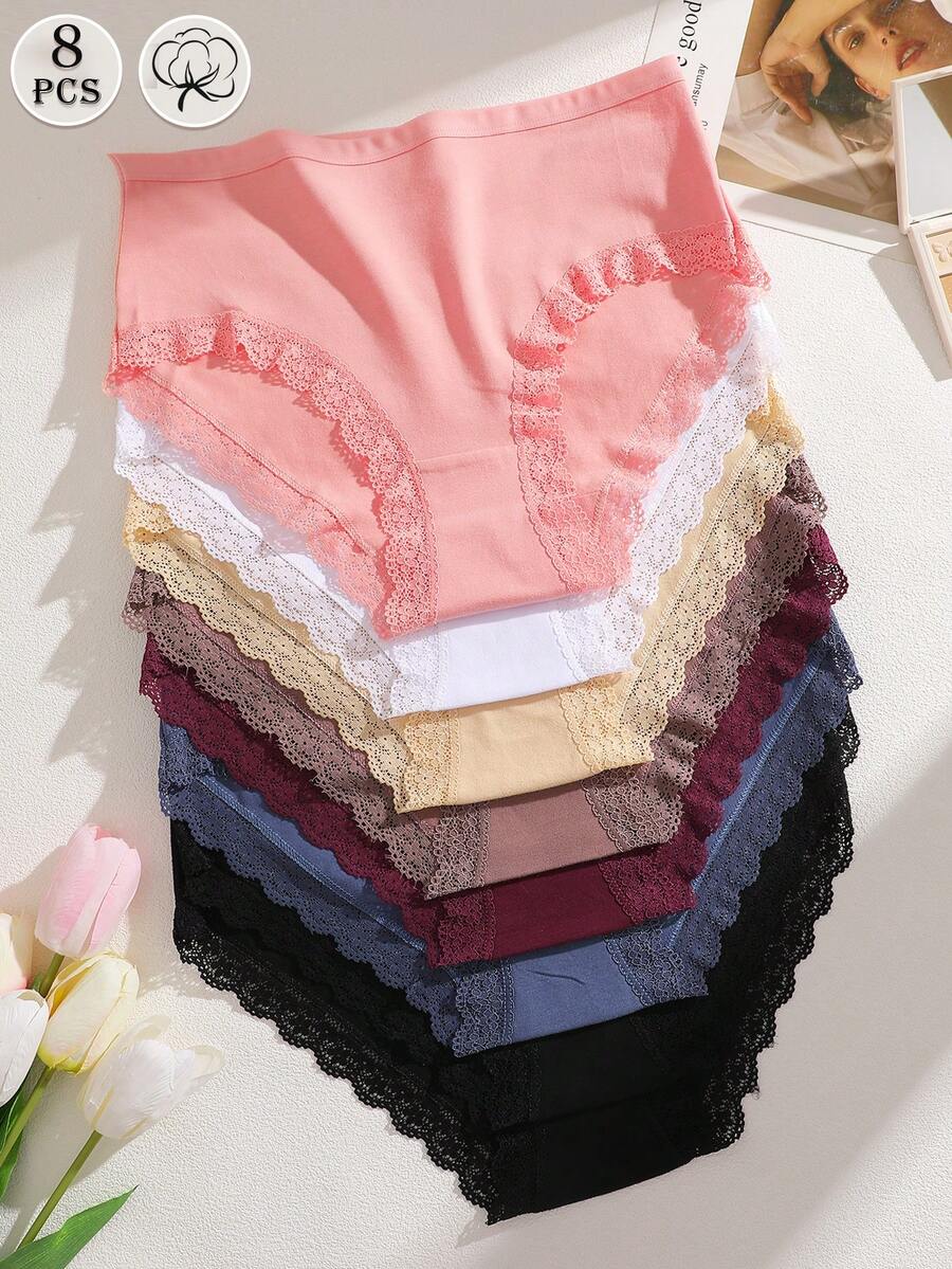 8Pcs Cotton Mid-High Waist Lace-Trimmed French-Style Full-Coverage Women's Briefs In Multiple Sizes, S-XXL Plus Size Women's Panty Sets. - Multicolor - View 1