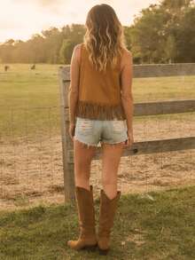 Chaleco elegante sin mangas con borlas y tachuelas para mujer, estilo vaquero, con frente abierto, ideal para vacaciones de verano informales. - Caqui - Ver 7