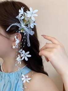 1 pieza Clip para el cabello con lazo de cuentas y borla de lirio del valle etéreo, pasador para flequillo lateral de mujer, accesorio para el cabello de verano, pinza deslizante, pinzas de garra - Blanco - Ver 5
