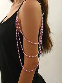 1 pieza De cadena elegante para el hombro de vestido de mujer con triple capa de perlas falsas y cuentas acrílicas talladas, joyería versátil y elegante para fiestas y banquetes - Perlas de imitación - Ver 17