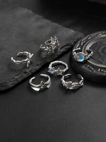 6pcs Vintage Y2K Star Shaped Silver Rings, Men's Moonstone Chain Adjustable Stacking Rings, Couple Cute Rings - Antique Silver - View 5