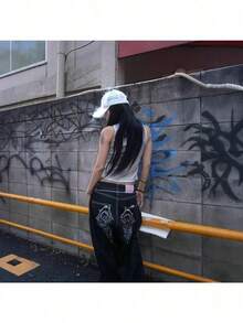 Street Women's Clothing Branch Line Angel Wings Rhinestone Embroidery Y2k Millennium Straight Loose Denim Trousers - 黑色 - 查看 4