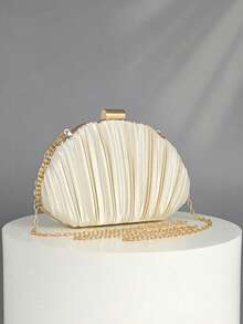 Elegant/Luxurious Satin Pleated Box Bag For Cocktails By OpulAura, Romantic Wedding Bag, Sophisticated Party Dress Bag, Minimalist Apricot Color Box Bag With Detachable Chain, Suitable As A Holiday Gift - 杏色 - 查看 2