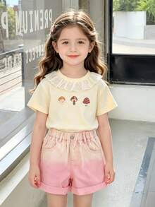 Girls Short Sleeve T-Shirt Summer New Style Children Top Baby Cartoon Mushroom Tee Sweet Lace Trim Peter Pan Collar - Apricot - View 2