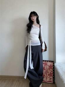 新款女士春季针织不对称长袖T恤，韩版氛围休闲白色 - 白色 - 查看 7