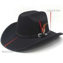 Vintage Felt Cowgirl Hat Women Men Panama Fedora Hat With Feather Belt Buckle For Party Travel Accessories - Black - View 7