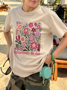 Summer Casual Short Sleeve Top, Printed With Sheep Pattern And Letter Print, Multiple Colors Available, Fashionable Style Suitable For Daily Wear - Apricot - View 6