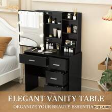 Spring New Vanity Desk, HD Mirror Design, Multi-Drawer Large Storage, Detachable Assembly, With Paste-On LED Light, For Bedroom - Black - View 5