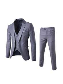Men's Business Suit Set Professional Formal Wear Two-Piece Slim-Fit Suit Korean Style Best Man & Groom Wedding Attire - 一扣灰色外套+馬甲+西裝褲 - 查看 3
