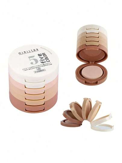 1 pieza Polvo compacto 5-en-1 para ocultar y contornear | Ilumina, oculta y esculpe, matifica y fija el maquillaje | Acabado mate de enfoque suave, de larga duración | Ideal para principiantes, esencial para el maquillaje diario