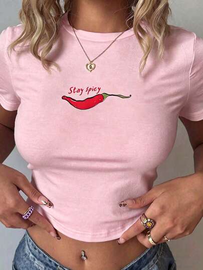 Y2K Style Cropped Top Summer Set, "Stay Spicy" Graphic T-Shirt, Women Summer Holiday Beach Outfit Casual
