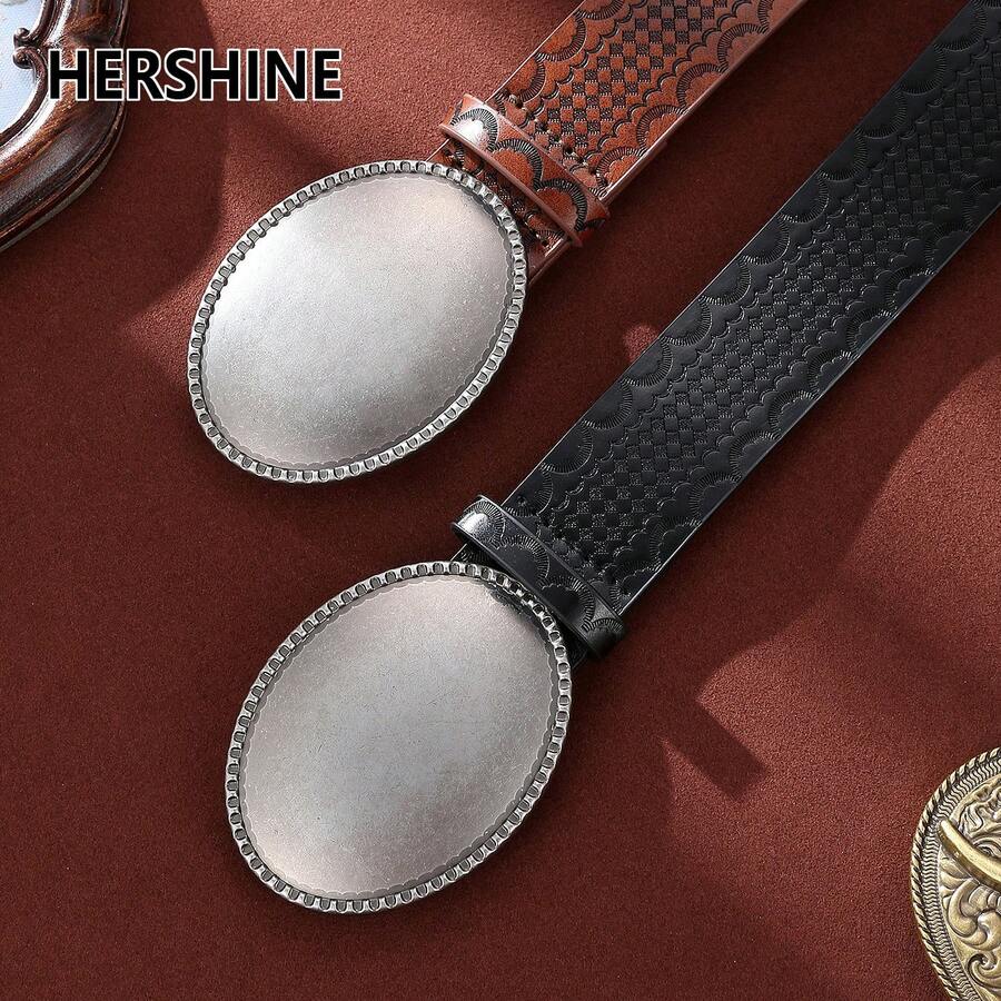 Hershine 复古西部风格雕花椭圆形格子图案银色扣环腰带,百搭配饰,可搭配外套、牛仔裤、连衣裙,适合日常穿着、度假、派对、音乐节、秋季、万圣节等场合。 - M271空白橢圓格紋腰帶 - 查看 1