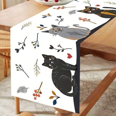 1pc/7pcs Set Gray & Black Cat Themed Table Runner, Farmhouse Decor With Cute Cat & Floral Design, Suitable For Entryway, Coffee Table, Living Room To Add Fresh Ambiance For Daily Dining And Holiday Celebration