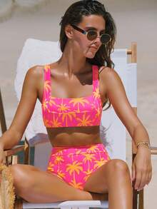 popvil Bộ bikini mùa hè dành cho nữ, họa tiết lá cọ nhiệt đới, áo cổ vuông, quần cạp cao kiểu dây chéo, thích hợp cho kỳ nghỉ biển. - Màu Hồng Tươi - Xem 1