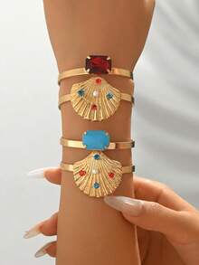 1 Pc Boho Summer Beach Golden Seashell & Red Blue Rrhinestone Open Cuff Woman's Bracelet With Faux Pearl ,Vintage Holday Jewelry Wearing Gifts For Daily Dating Party - Blue and Red - View 2