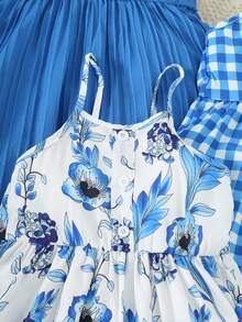 3pcs/Set Girls Floral Print Cami Dress + Solid Color Button Cami Dress + Plaid Print Patchwork Button Decor Cami Dress, Perfect For Summer Daily, Vacation And Party Wear - Multicolor - View 5
