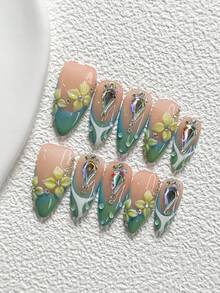 10Pcs Forest Inspired Style Handmade Nail Art Set,Unghie Press On,Teardrop Diamond Nail Art Accessories,Hand Sculpted Petals And Lines Nail Art Decorations,Green And White Nail Polish,Stylish And Fresh Aesthetic,Comes With Nail Tools(1 Sheets Jelly Stickers+1PC Nail File)3 Sizes Available,Almond Nails, Duck Nails,Coffin Nails,Suitable For Reunion,Daily,Party,Photograph,Play,Spring Summer,Commute Supplies Nails - 彩色 - 查看 13