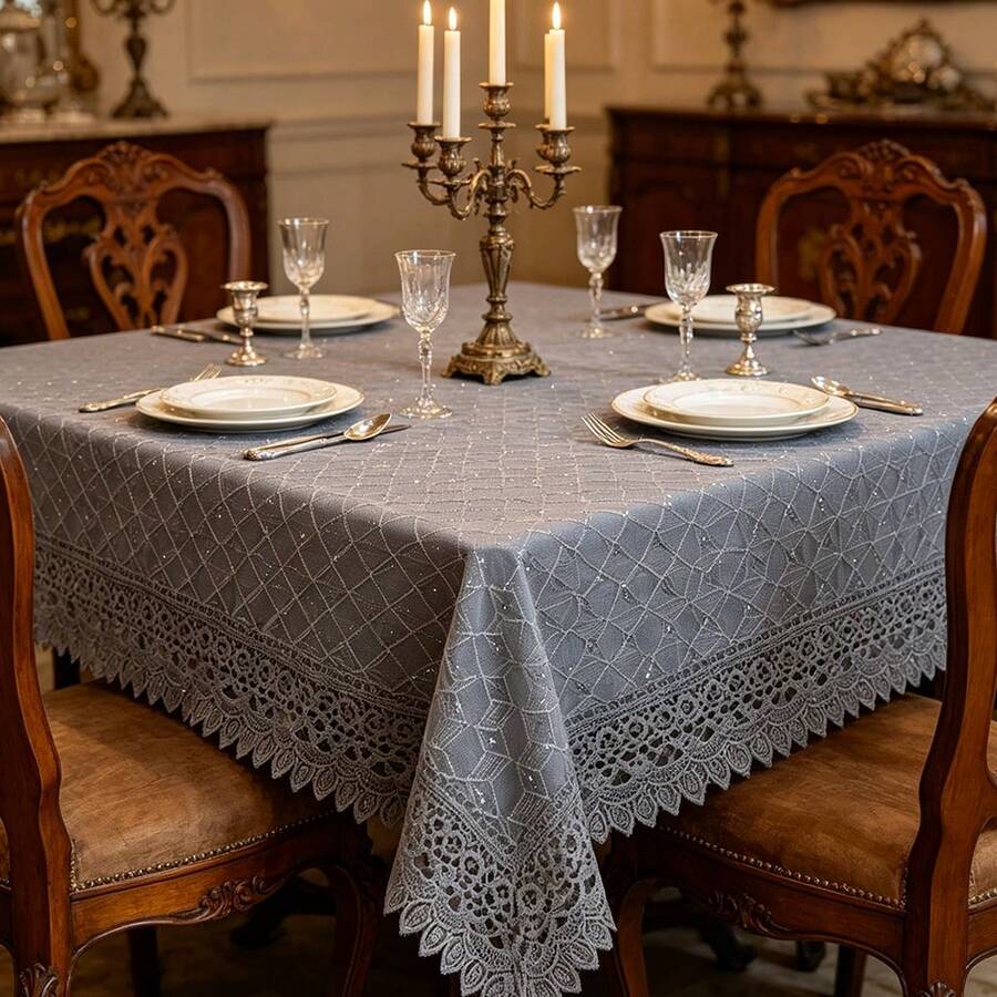 1pc 59.06*86.61inch Grey Elegant 3D Geometric Embroidery Sequin Double-Layer Tablecloth, Embroidered Vintage Table Cover Suitable For Indoor/Outdoor Events, Parties, Weddings, Dinners, Restaurants, Rectangular Tables - Light Grey - View 1