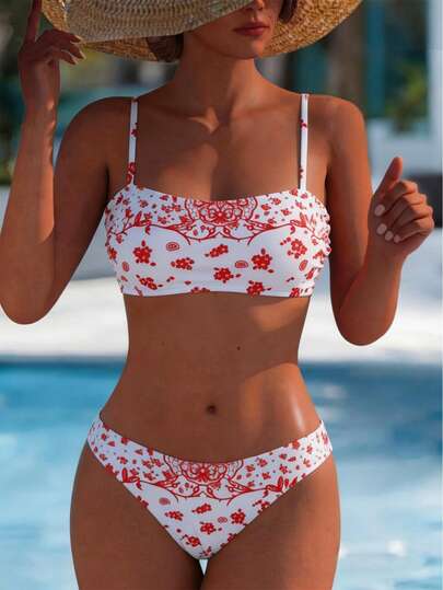 Bikini set voor dames met bloemenprint, bandeau model, sexy, rugloze badkleding met medium elasticiteit en bijpassend bikinibroekje, perfect voor strandvakanties, roze en zomers.