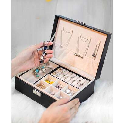 1pc Luxury PU Leather Multifunctional Jewelry Box, Jewelry Case With Safety Lock And Reliable Soft Pad Drawers, Velvet Lining Travel Case, Large Capacity Multi-Layer Design For Rings, Earrings, Necklaces And Bracelets - Elegant Black And Pink Home Decor Jewelry Gift Box, Perfect For Valentine's Day, Christmas, Mother's Day, Thanksgiving, Exquisite Design, Keychain Style Jewelry Box, Fashionable Storage, Sturdy And Durable, Designed For Fashion Enthusiasts