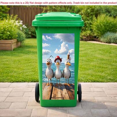1pc 2D Flat Self-Adhesive Trash Can Sticker Funny Seagull Trash Bin Sticker, Cute Bird Decal, Beach Theme Garbage Can Decor, Waterproof 2D Sticker, PVC Material, Easy To Peel And Stick, Flat Art Sticker, Kitchen Storage