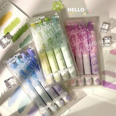 4pcs Set Blue/Purple Retractable Highlighter Pens, High-Quality Fluorescent Markers, Large Capacity Colorful Pens For Studying, Journaling, Ins Style Gradient Highlighter Pen Set, Student Stationery, Office Supplies