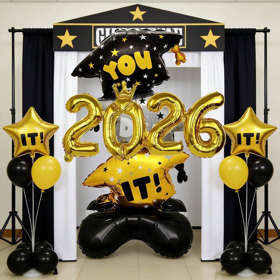 2026 Gold Letter Balloons & Black & Gold Graduation Cap Foil Balloons Set, Suitable For Graduation Decoration - Multicolor - View 1