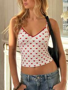 Women Polka Dot Spaghetti Strap Tank Tops Y2K Fairycore Lace Trim Corset Camisole V Neck Slim Cami Tops Cute Lace Trim Crop Tops For Summer Going Out Tops Sweet T-Shirt Casual Streetwear - Trái tim đỏ - Xem 2