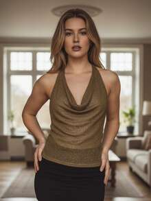 Womens Rhinestone Halter Tank Tops Summer Fashionable Solid Color Cowl Neck Backless Vest - Brown - View 1