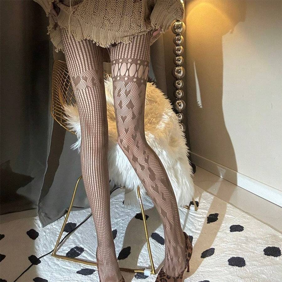 性感黑色渔网蕾丝竖条纹镂空连裤袜，时尚女性的性感丝袜 - 彩色 - 查看 1