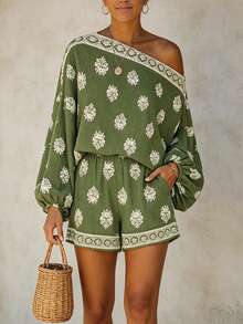 ChicMe Set de 2 piezas: Blusa con mangas de farol asimétricas y hombros bohemios + Shorts de cintura elástica con bolsillos, conjunto de vestir casual y de vacaciones de primavera - Verde militar - Ver 2