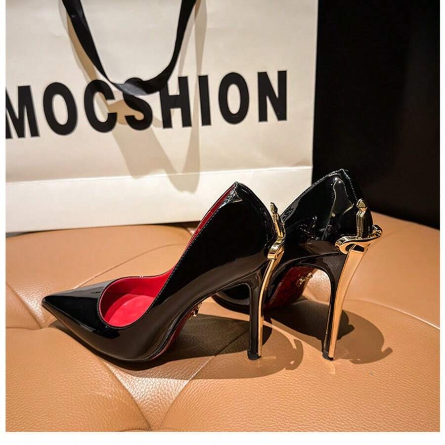 2026 Hot Selling Metal Scepter High-Heeled Stiletto Heel, Comfortable And Sexy Printed Red And Black Sole Women's Shoes, 10cm Heel Heel - 黑色 - 查看 1