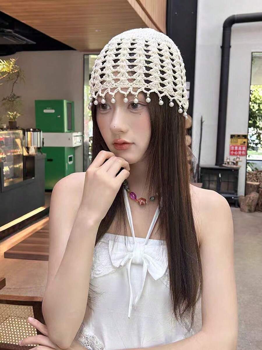1件手工钩编波西米亚风发箍，镂空珍珠吊坠针织帽，女士款 - 彩色 - 查看 1
