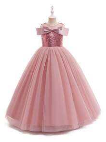 Vestido de gala elegante de gasa para adolescentes, vestido largo con parches de lentejuelas y hombros descubiertos con decoración de lazo, adecuado para cumpleaños, fiestas, bodas, damas de honor, graduación, baile de graduación y eventos de noche - Rosa vieja - Ver 8