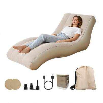 Sofá Cama Inflable 76 x 190 cm, Beige, Con Inflador Inalámbrico, Fácil de Montar y Perfecto para Espacios Reducidos