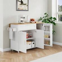 (= N635p2158284d) 132.5 * 44 (70) * Large 90cm Mobile Kitchen Table, Folding Countertop, Oak Texture, Multifunctional Cabinet, Towel Rack, 5 Casters, Suitable For Kitchen / Dining Room / Home - White - View 8