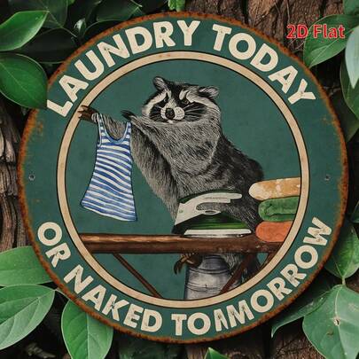复古浣熊洗衣房墙饰标牌“今天洗，明天裸奔” - 圆形金属复古洗衣机和衣夹设计，适用于家庭、厨房、浴室、洗衣房、车库，做旧绿棕色，2D平面墙挂（孔位随机）