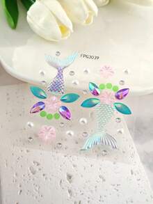 1pc Mermaid Tail Holographic Face Jewel Sticker, Laser Fish Scale Pearl Sakura Design, Waterproof Long-Lasting Bindi, Decor For Beach Vacation/Music Festival Makeup, Dreamy Mermaid Style Face Gems,Concert Look,Rhinestone Face Sticker - Multicolor - View 11