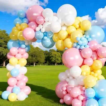 Pastel Balloon Arch Set, Containing 149 Blue, Pink, Yellow, And White Balloons In Sizes Including 18 Inches, 10 Inches, And 5 Inches, Perfect For Birthday Parties, Anniversaries, Ceremony Decorations, And New Year's Decorations.