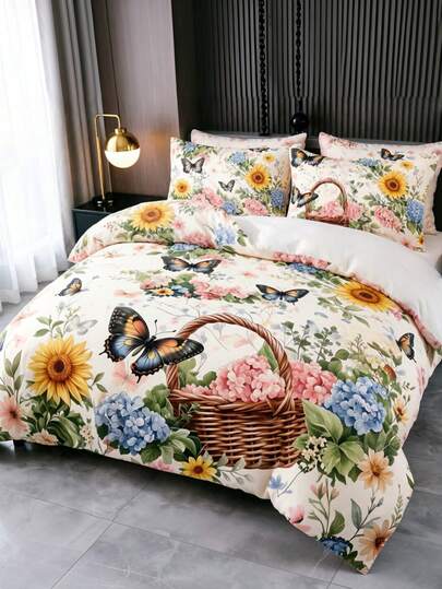 Bộ 3 món ga trải giường họa tiết hoa cổ điển phong cách Boho, họa tiết bướm và hoa hướng dương lãng mạn đầy màu sắc, họa tiết ngẫu nhiên (1 ga trải giường + 2 vỏ gối không kèm ruột gối), bộ chăn ga gối mềm mại, ấm áp và thoải mái cho phòng ngủ, phòng khách, ký túc xá, in hình hoa hồng, chất liệu mềm mại, thân thiện với da, sang trọng.