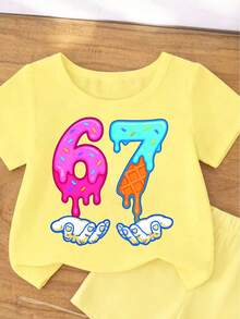 Young Girl Digital Pattern Print Short Sleeve Round Neck T-Shirt And Casual Shorts Set - Yellow - View 5