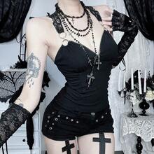 Casual Summer Y2K Dark Romantic Steampunk Bustier: Black Strappy Halter Top With Gothic Lace-Up Detail & Adjustable Fit, For Layering, Festivals & Mystical Core Fashion - Black - View 2