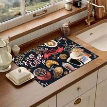 1pc Coffee Pattern Printed Kitchen Cabinet Countertop Bowl Dish Drying Mat, Super Absorbent Hides Stains, Rubber Backed Multi-Purpose Dining & Kitchen Mat, Suitable For Coffee Maker, Bowls, Dishes Drying - HL LSD607 - View 1