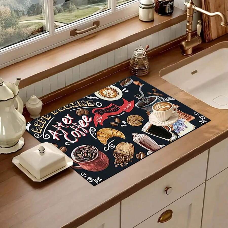 1pc Coffee Pattern Printed Kitchen Cabinet Countertop Bowl Dish Drying Mat, Super Absorbent Hides Stains, Rubber Backed Multi-Purpose Dining & Kitchen Mat, Suitable For Coffee Maker, Bowls, Dishes Drying - HL LSD607 - View 1