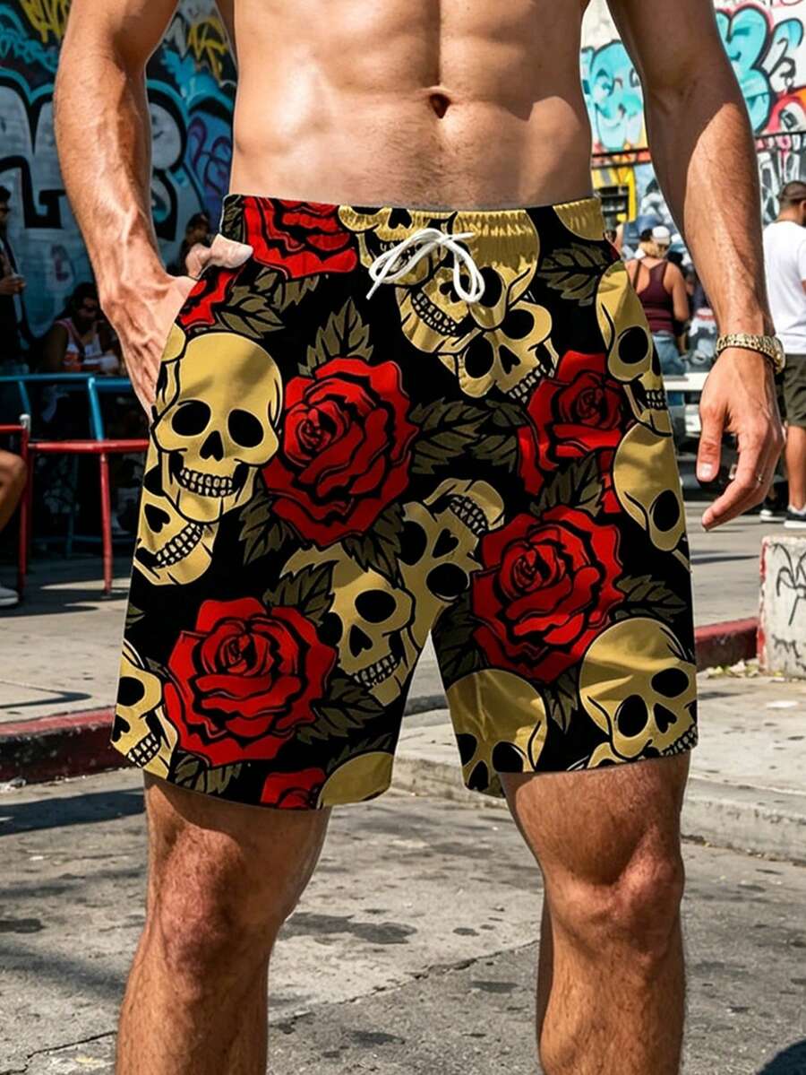 Skull & Rose Pattern Digital Print Men's Loose Plus Size Beach Shorts, Lightweight Sports Shorts Suitable For Summer Beach, Vacation, Surfing - Multicolor - View 1