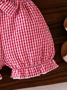 Conjunto de 2 piezas para niña bebé: mono con bordado de fresa, estampado a cuadros, encaje calado, mangas volantes, espalda descubierta y bajo con volantes, con diadema de lazo extragrande, estilo enérgico, lindo, fresco y pastoral - Rojo - Ver 7