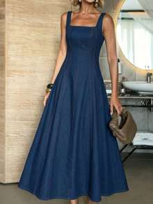 Elegant Bohemian Denim Backless Dress, Suitable For Vacation And Everyday Wear Spring - Navy Blue - View 5