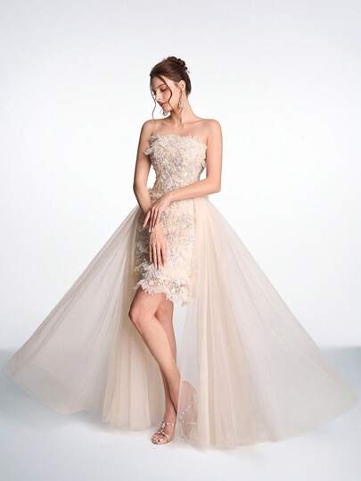 女士露背系带网纱拼接优雅奢华晚礼服