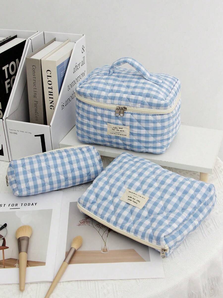 1pc Checkered Makeup Bag, Cute Blue Makeup Bag Set, Home Decor, Large Capacity Handbag, Blue Checkerboard Cosmetic Bag, Suitable For Storing Makeup Brushes, Lotions, Cleansers, Lipsticks, Nail Care, Salon, Travel Essentials - Blue - View 1