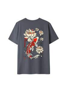 Camiseta de mujer de manga corta con cuello redondo y gráfico de letras, estilo casual y versátil para vacaciones, elegante para el verano y uso diario, color negro - Gris Oscuro - Ver 3